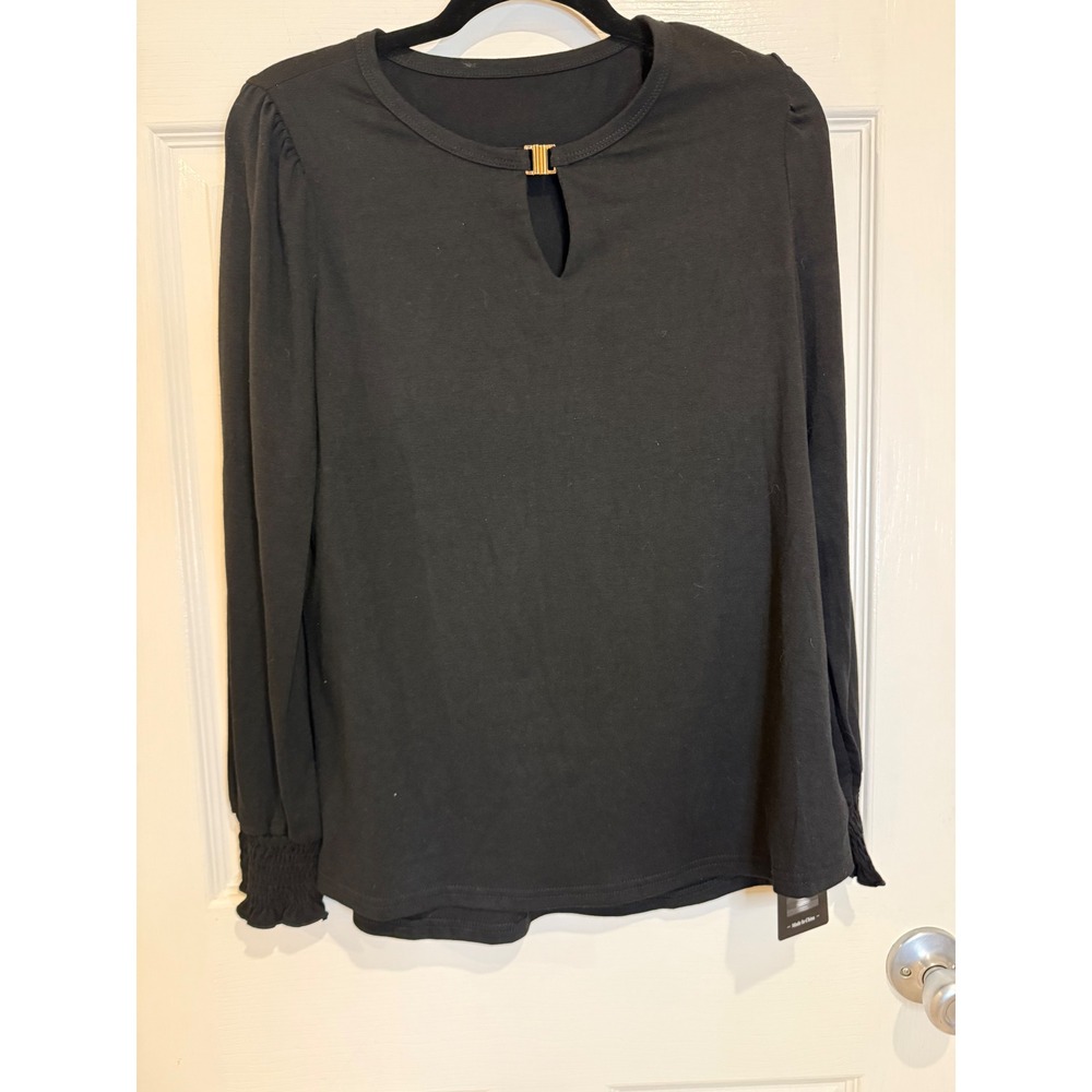 Rist Black Long Sleeve Top‎ Gold Accent Keyhole Blouse Size M